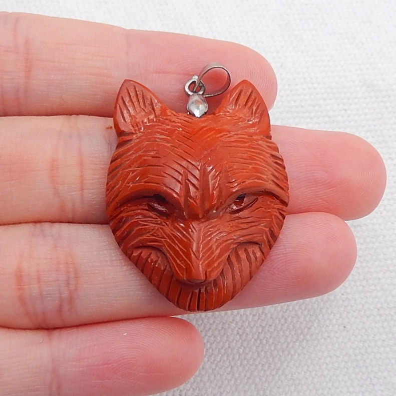 

Natural Carved Red River jasper Wolf Head Pendant 33x25x10mm,9.3g