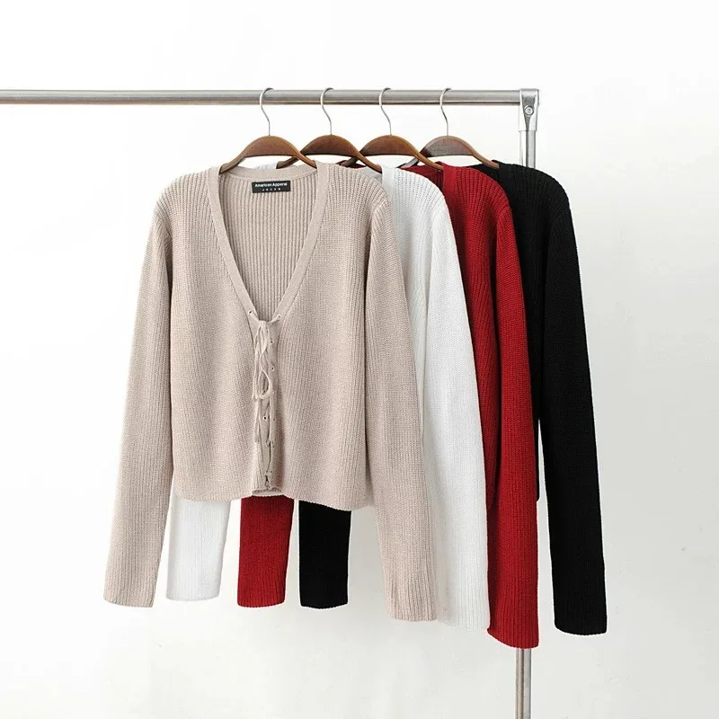 

Autumn 2020 European and American Style Eye Cross Tie Knitted Sweater Long Sleeve V-neck Short Sweater Little Jacket Female