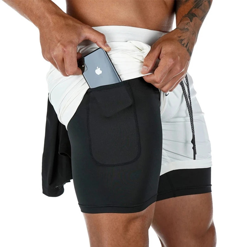 Double layer Quick Dry Jogger Shorts Men 2 in 1 Short Pants Gyms Fitness Built-in pocket Bermuda Beach Male Sweatpants | Мужская одежда