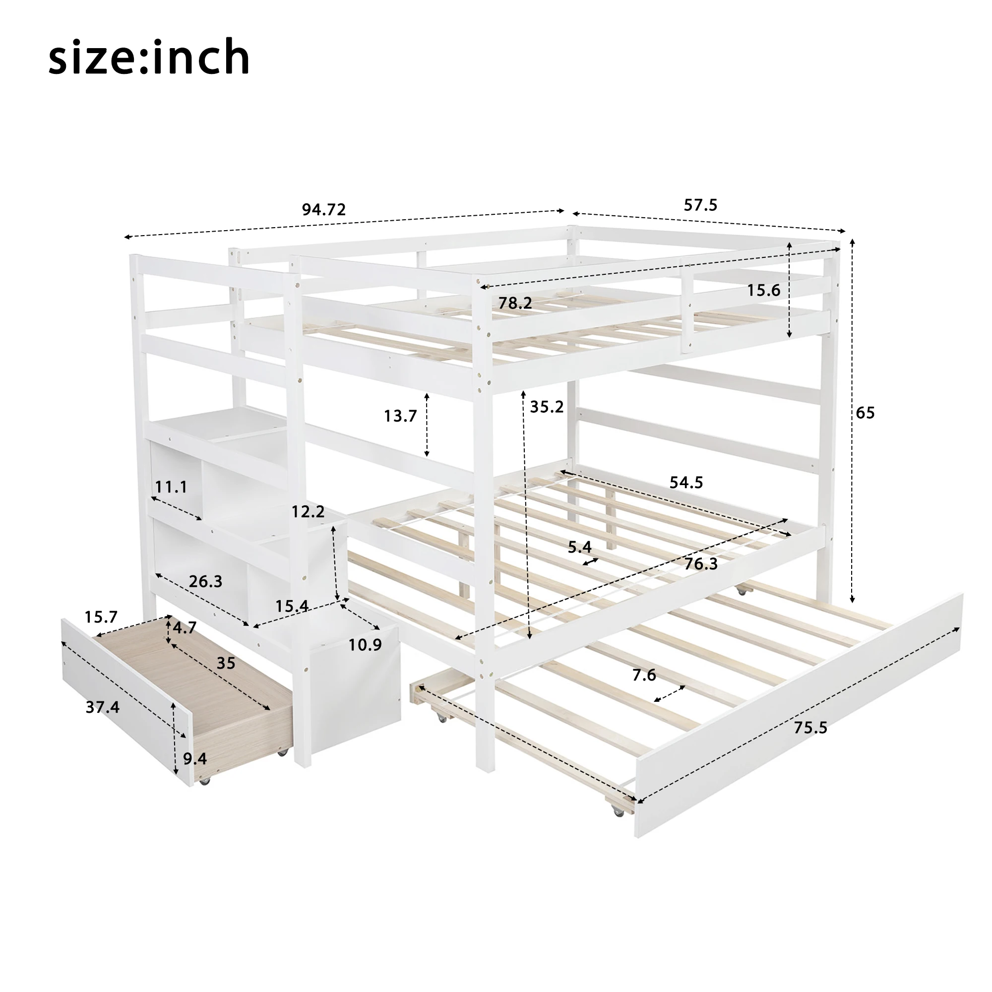 

White Solid Wooden Full over Full Loft Bunk Bed Frame for Adults Kids Safe Strong Sturdy Sleeping Bed with Slat Ladder Trundle