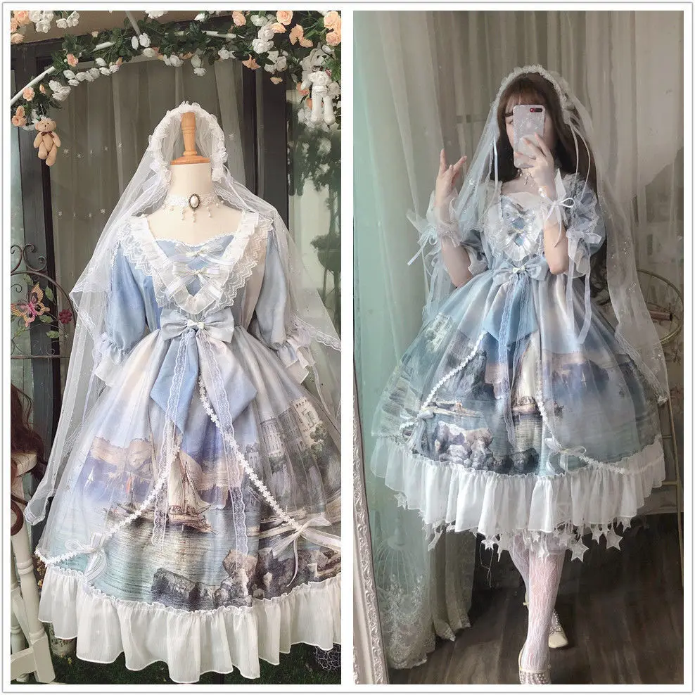 Lolita Dress Op Swan Princess Castle Lolita Flower Wedding pittura a olio Kawaii Print Palace Fairy Dream Dress