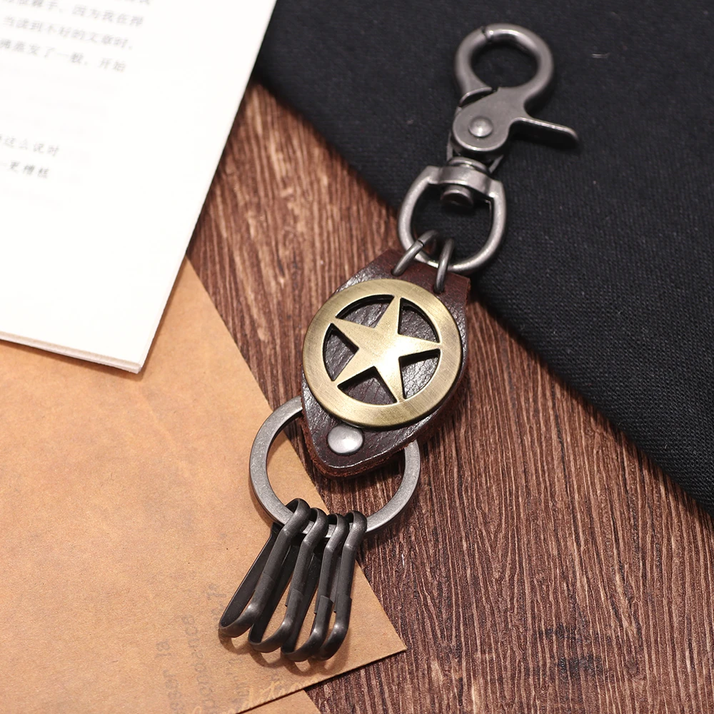 Высококачественный античный серебряный/медный форма пентаграммы кожаный брелок