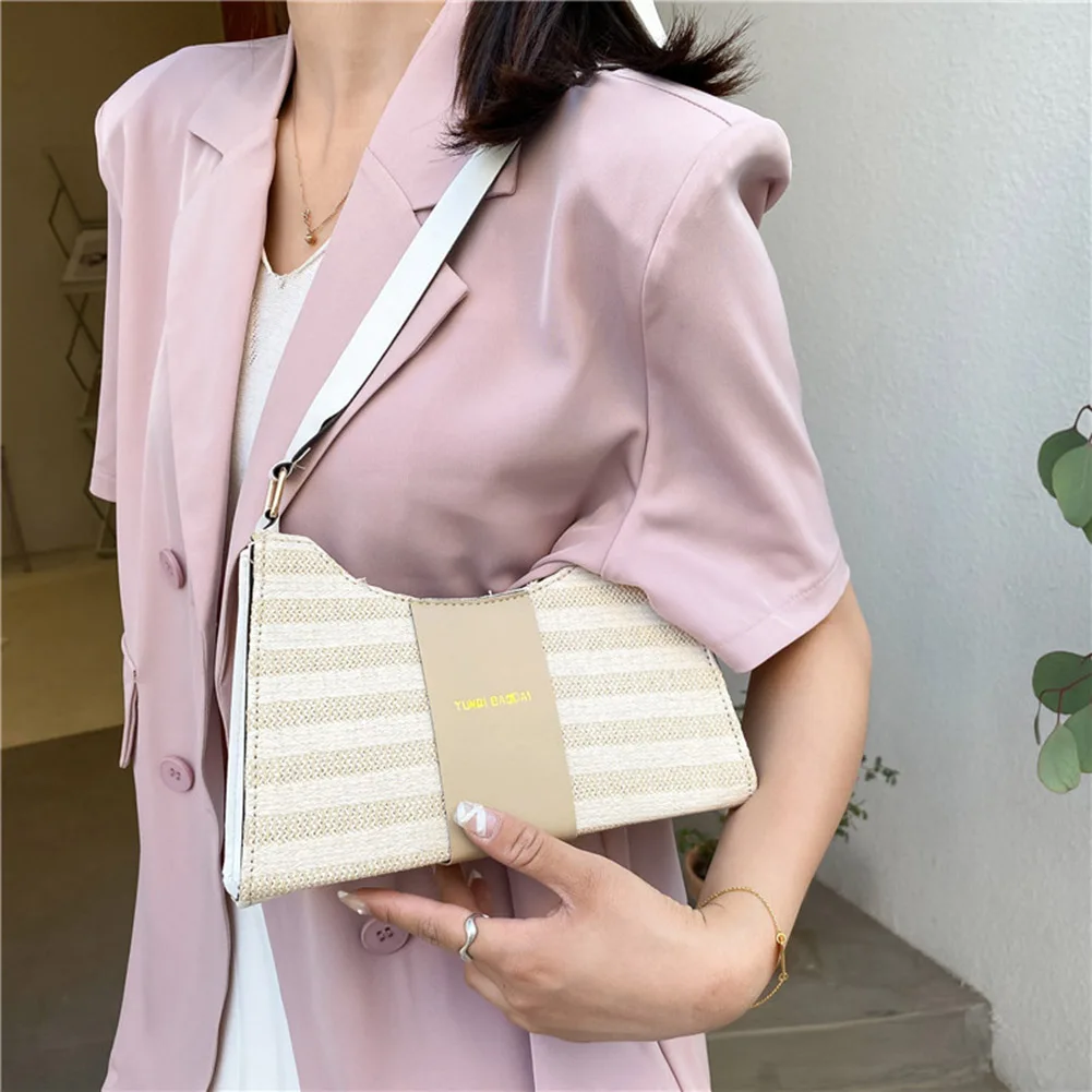 

Woven PU Patchwork Bag Striped Pattern Shoulder Retro Women Small Underarm Bags Casual Ladies Small Handbags Purse