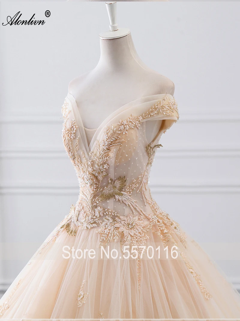 Alonlivn Lustrous Bling Appliques Beading Crystals Ball Gown Wedding Dress Chapel Train Scalloped Neck Bridal Gowns