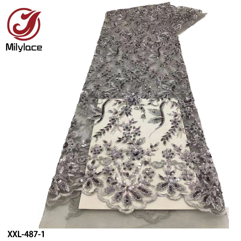 

African Lace Fabric 2021 Embroidered Nigeria French Tulle Lace Fabric with Handmade Sequins Flowers for Wedding PartyXXL-487