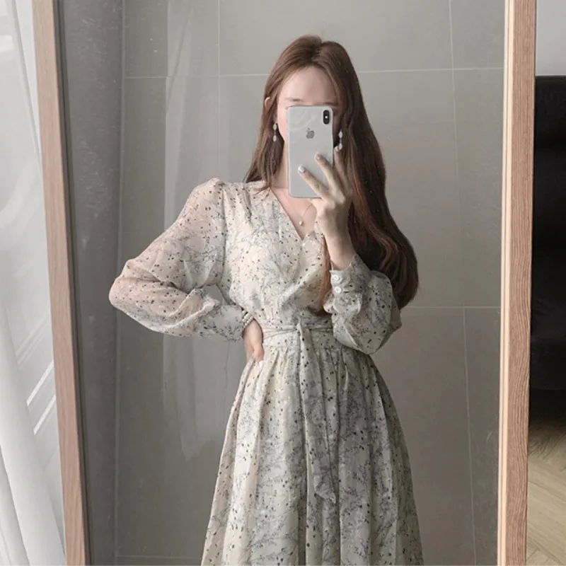Корейское Шикарное облегающее шифоновое платье с V образным вырезом и цветочным