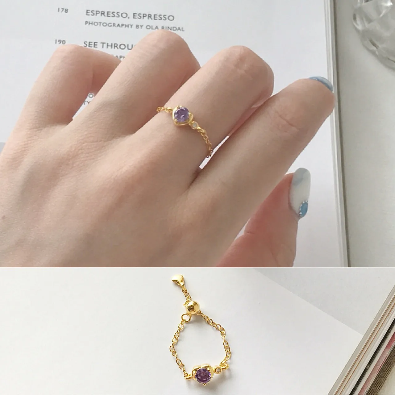 

South Korea han edition S925 pure silver tide simple fashion personality purple zircon adjustable ring by hand