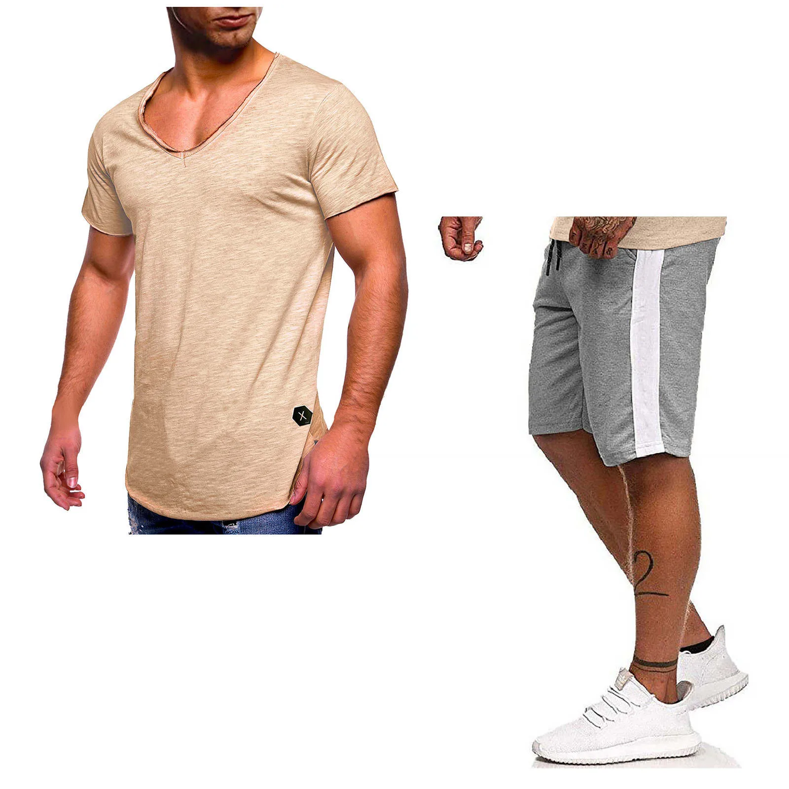 

Summer Men's Pure Color Sports Suit With Large V Neck Zip Short Sleeve T-shirt + Sports Shorts Set Sports Running Set Hombre