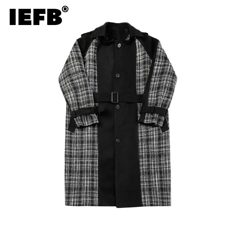 

IEFB Men's Autumn Winter New Trend Checked Patchwork Belted Woolen Coat Asymmetric Off Shoulder Long Sleeve Tweed Overcoat