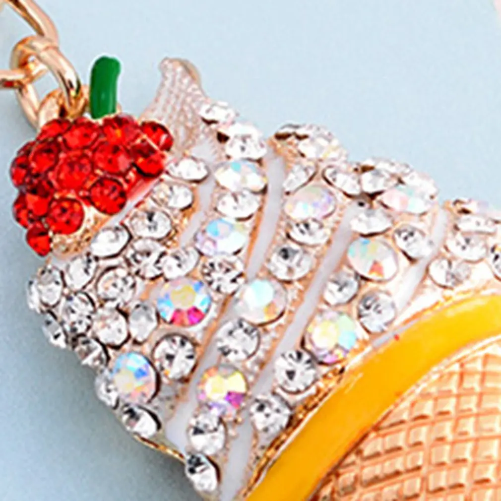 

Ice cream Shape Keychains Alloy Leather Tassel Car Keyring With Rhinestone porte clef for Women Bag Pendant Gift Hot