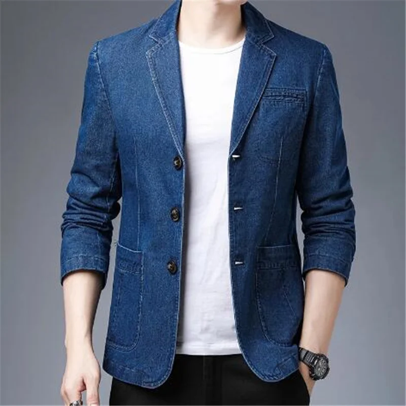 Blue Casual Washed Denim Blazer 2021 Spring Men Slim Fit Soft Mens Brazer Black Suit Jacket Classic Notched Clothing | Мужская одежда