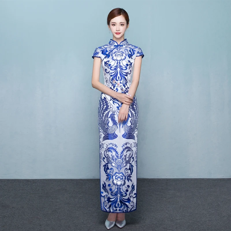 Women Lady Slim Cheongsam Dress Short Sleeve Qi Pao Blue White Long Retro Classic Banquet Ceremony Elegant Evening