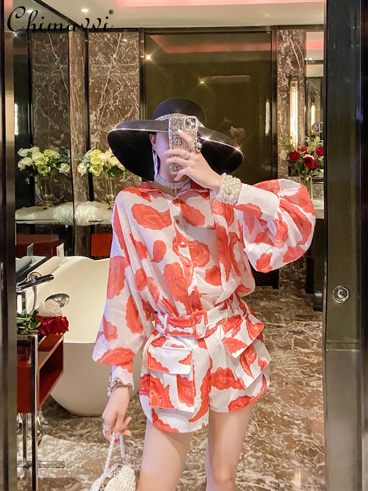 

2021 Summer New Fashion Retro Shorts Sets for Women Printed Chiffon Long-Sleeved Shirt+High Waist Figure Flattering Shorts