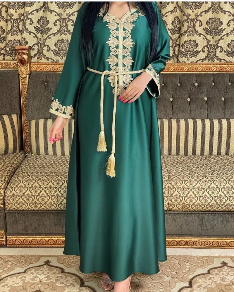 

Satin Maxi Dress for Women Elegant Ethnic Embroidery Gilding Jalabiya Muslim Dubai Arabic Moroccan Kaftan Robe Green