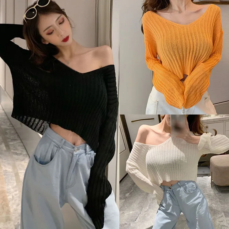 

2020 Loose Plus Size Sweater Autumn Thin V-neck Long Sleeve Knit Crop Pullover Fashion Casual Solid Color Sweaters