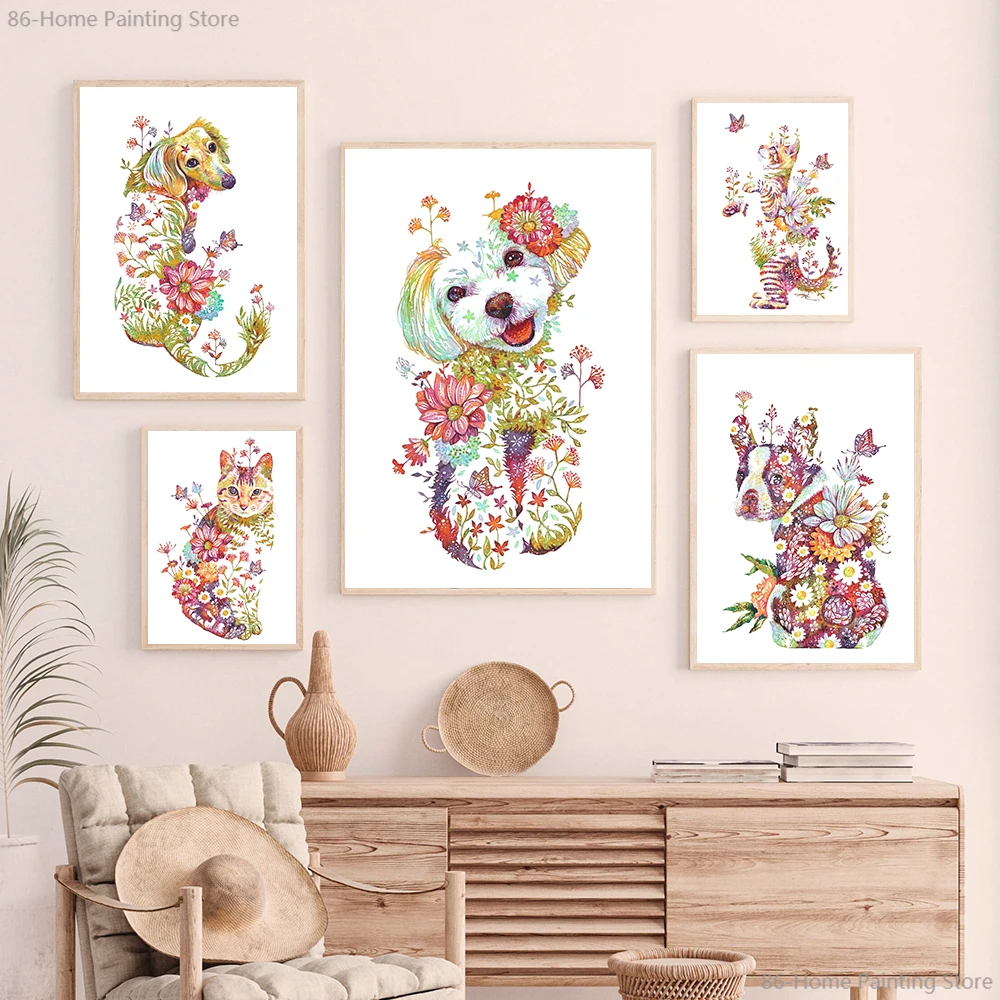 

Colourful Cat Dog Rabbit Tiger Animal Nursery Wall Art Pink Flower Pictures Kids Room Home Decor Canvas Painting Poster Print