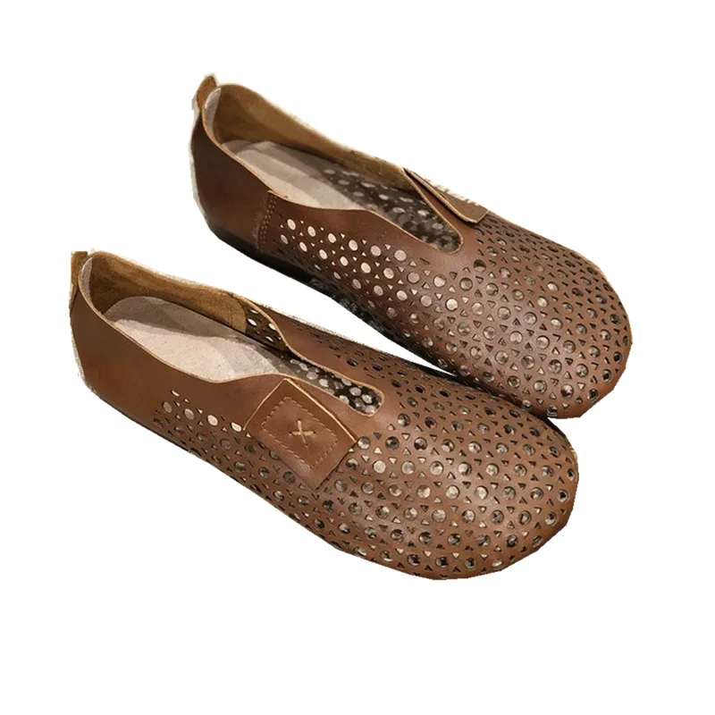 

2021 Spring and Summer New Artistic Crafts Authentic Leather Hollow out round Toe Soft Flat Bottom Casual Cowhide Women Sandals