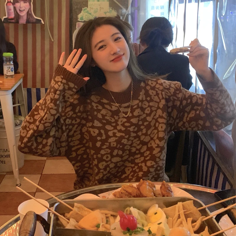 

New Collection Autumn Winter Vintage Leopard Knitting Sweater Female Fashionable O-Neck Long Sleeve Pullover Women Top