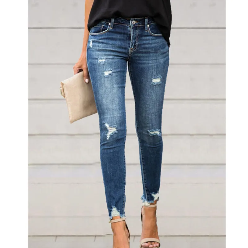 

Женские рваные джинсы скинни, винтажные брюки-карандаш со средней талией, лето, джинсовые брюки с дырками