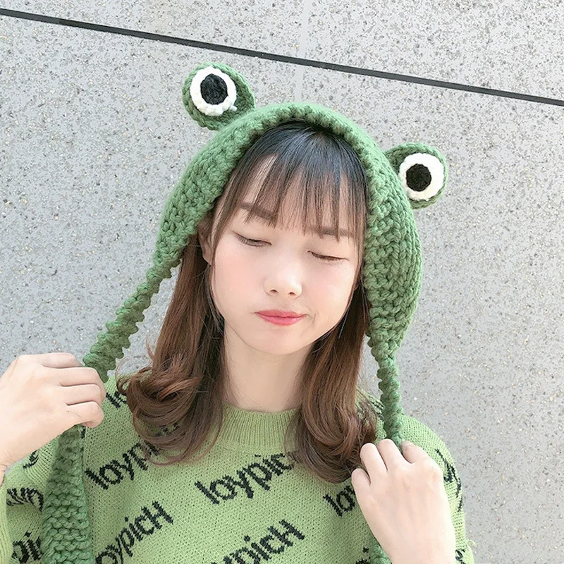 Женская осенне-зимняя вязаная шерстяная шапка в виде лягушки милые головные