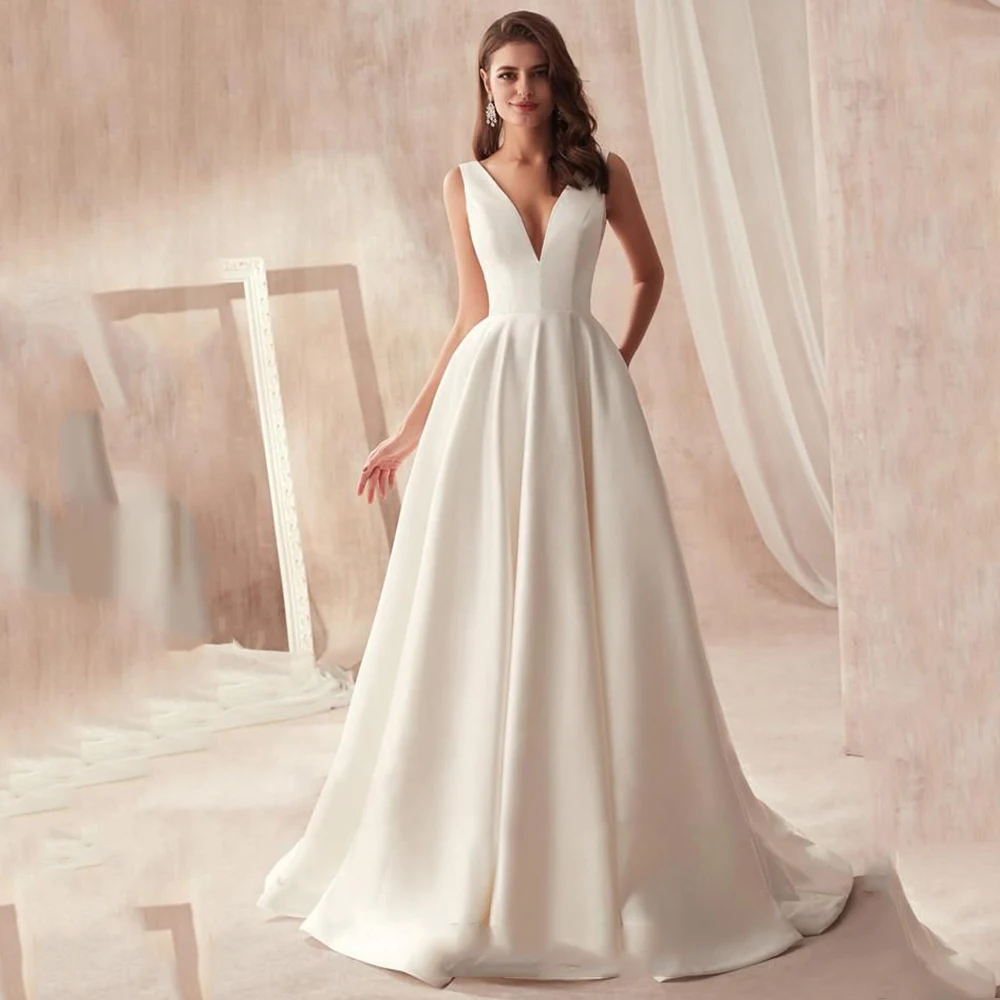 

Очаровательное атласное свадебное платье трапециевидной формы с открытой спиной, на молнии, со шлейфом, свадебные платья, 2021 Vestidos De Noivas