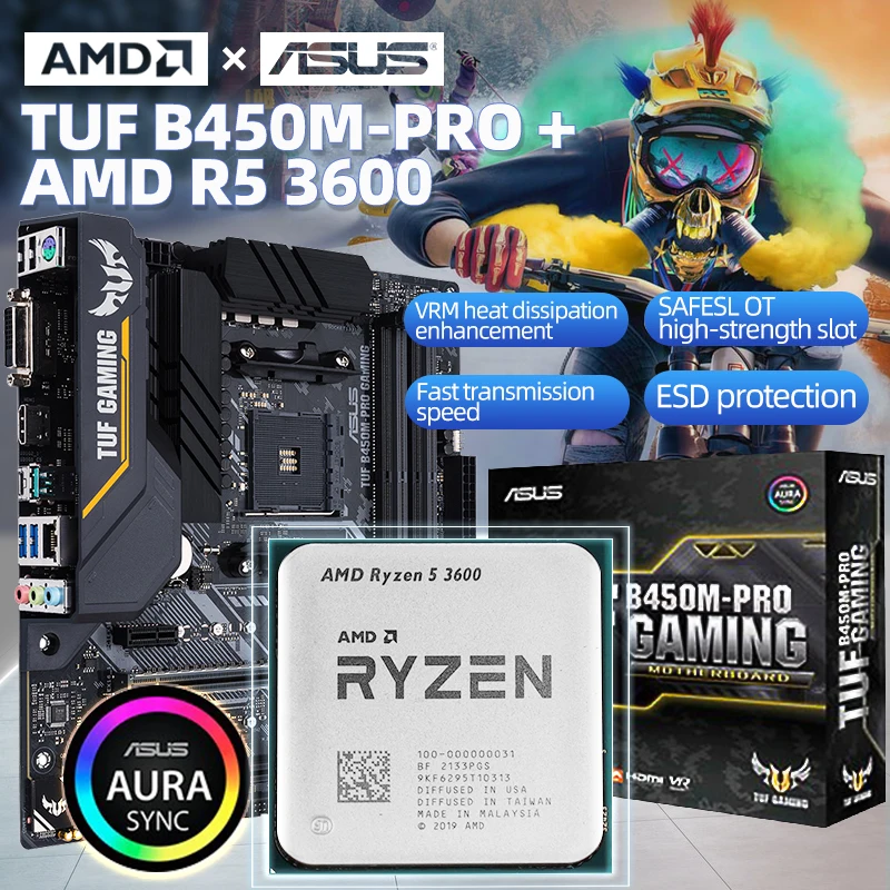 

AMD New Ryzen 5 3600 R5 3600 CPU + Asus TUF B450M PRO GAMING Motherboard Set Socket AM4 DDR4 Processor Gamer CPU Without Cooler