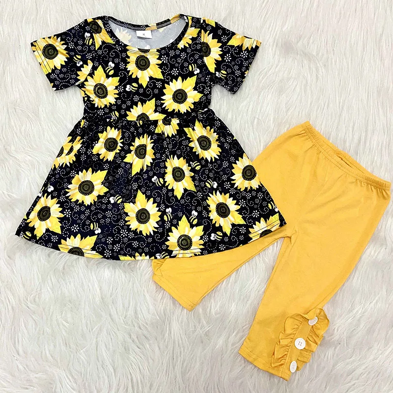 

2020 baby girls cute clothing boutique short sleeve sunflower floral top ruffle shorts children fashionable clothes kids sets ou
