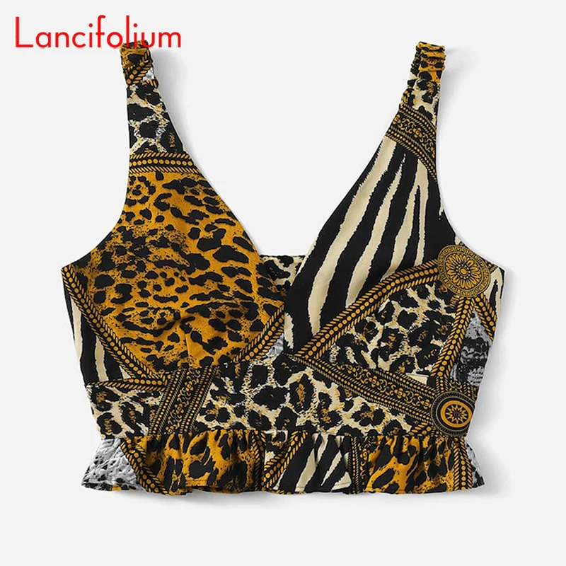 Женский укороченный топ с леопардовым принтом летний открытой спиной и баской