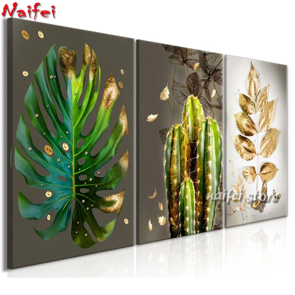 

Алмазная 5d картина, золотые листья, растения, кактус, цветы, полная Новинка, мозаика, искусство, алмазная вышивка, Бабочка, 3 шт., украшение для дома