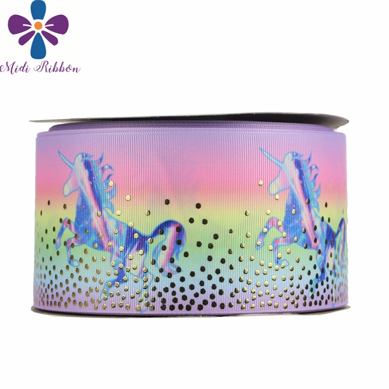 

3"75mm Gold Foil Dot Cartoon Series Printed Grosgrain Ribbon DIY Hair Bowknots 50yards/roll Flower Gradient Color Colorful Spot