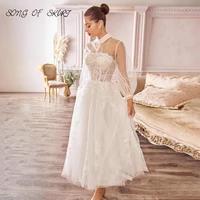 gentle tea length homecoming dresses white illusion puff sleeves beading women festival prom party gowns vestidos de fiesta