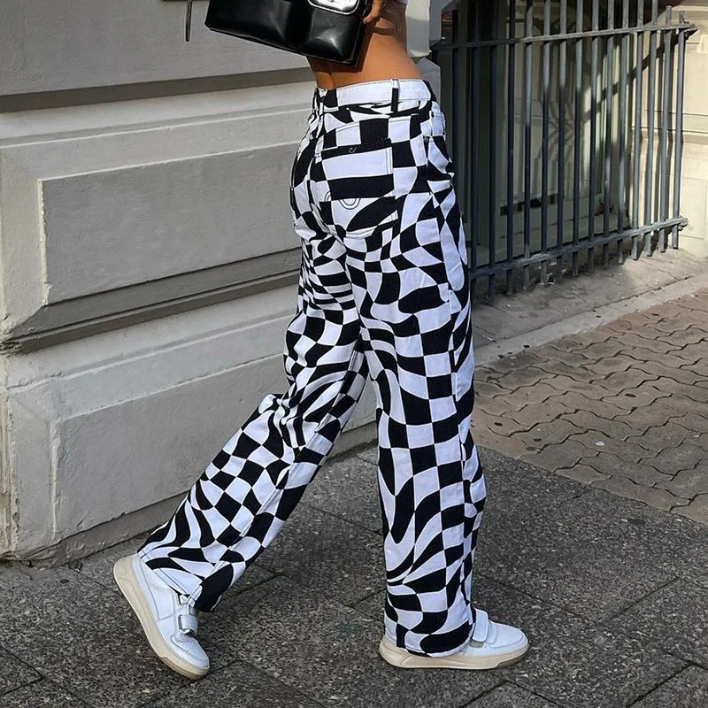 

Black White Plaid Print Women Jeans Streetwear Baggy Pant 100% Cotton Korean Fashion Trouser Straight Tube Boyfriend Trendy Jean