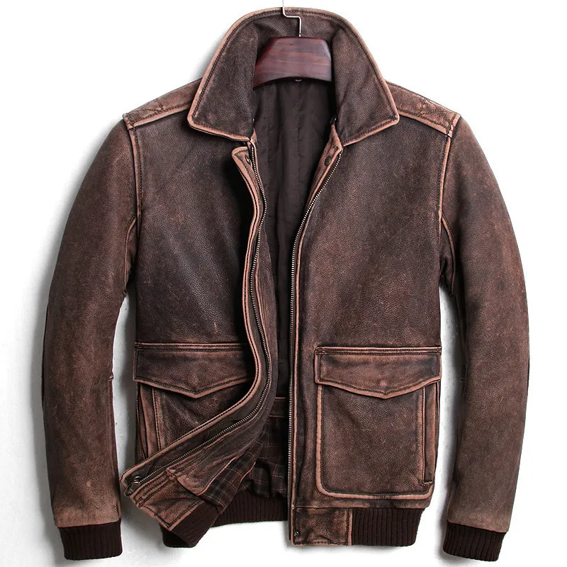 Мужская кожаная куртка пилот A2 коричневая винтажная с шерстяным воротником