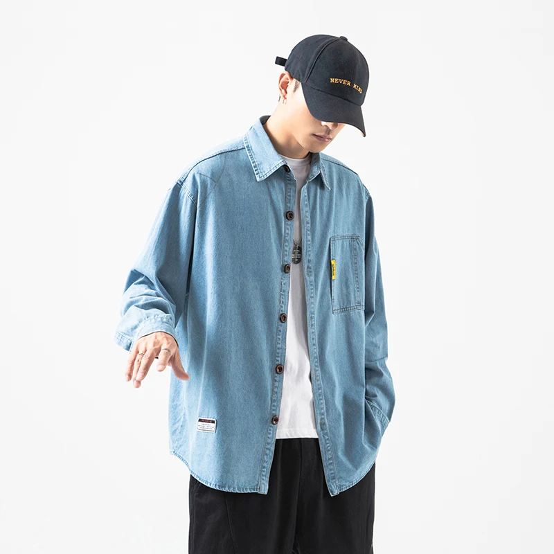 Mens Long Sleeve Jeans Shirts for 2021 Fashion Trends Plus Size Clothing Teens Blue Denim Button Up Blouses Oversized Streetwear |