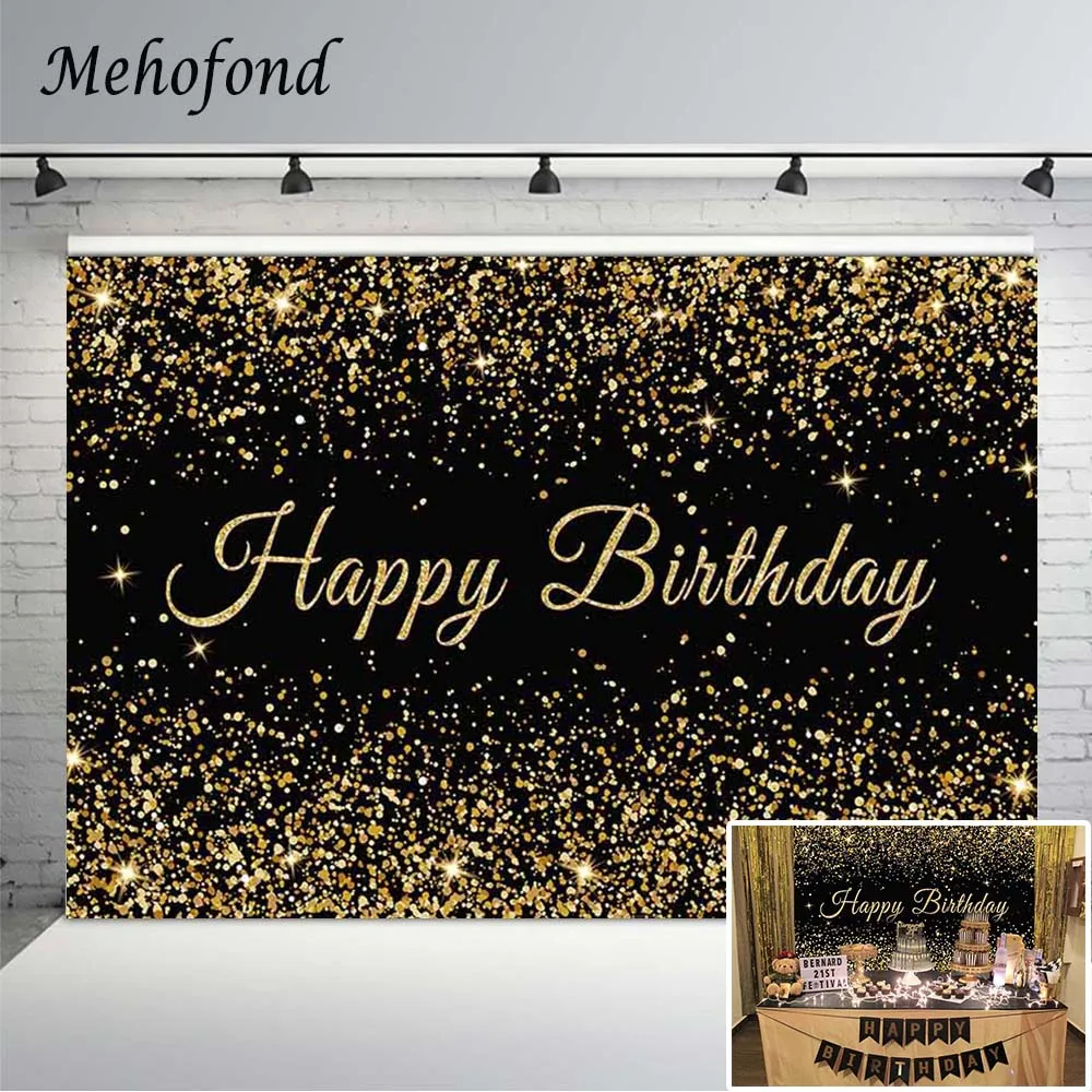 

Mehofond Happy Birthday Party Backdrop Sparkle Black Gold Glitter Bokeh Sequin Dot Photography Background Adult Kids Decor Props