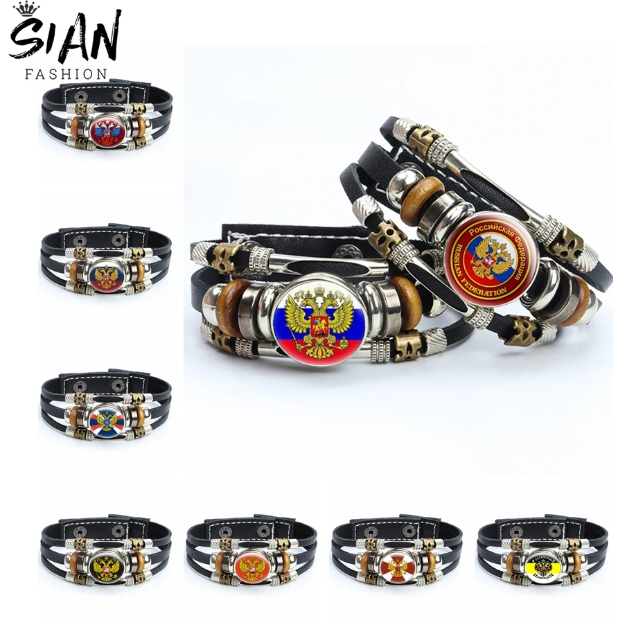 

Russian Federation Eagle Emblem Braided Leather Bracelets USSR CCCP Soviet Multilayer Beads Bracelet Bangles Wristband Jewelry