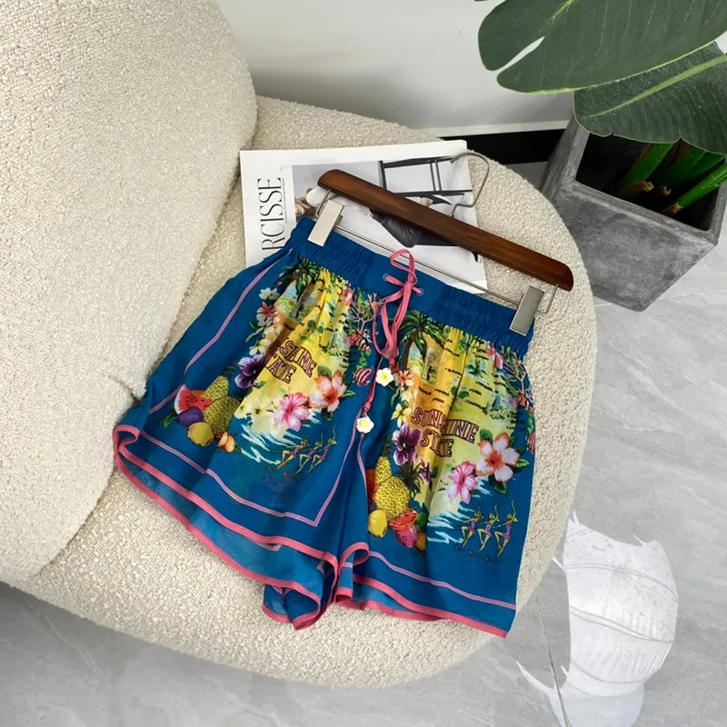 

2021 New Summer Women Fashion Floral Print Self-tie Sleeveless Long Blouse Flare Shorts Suit High Quality Silk