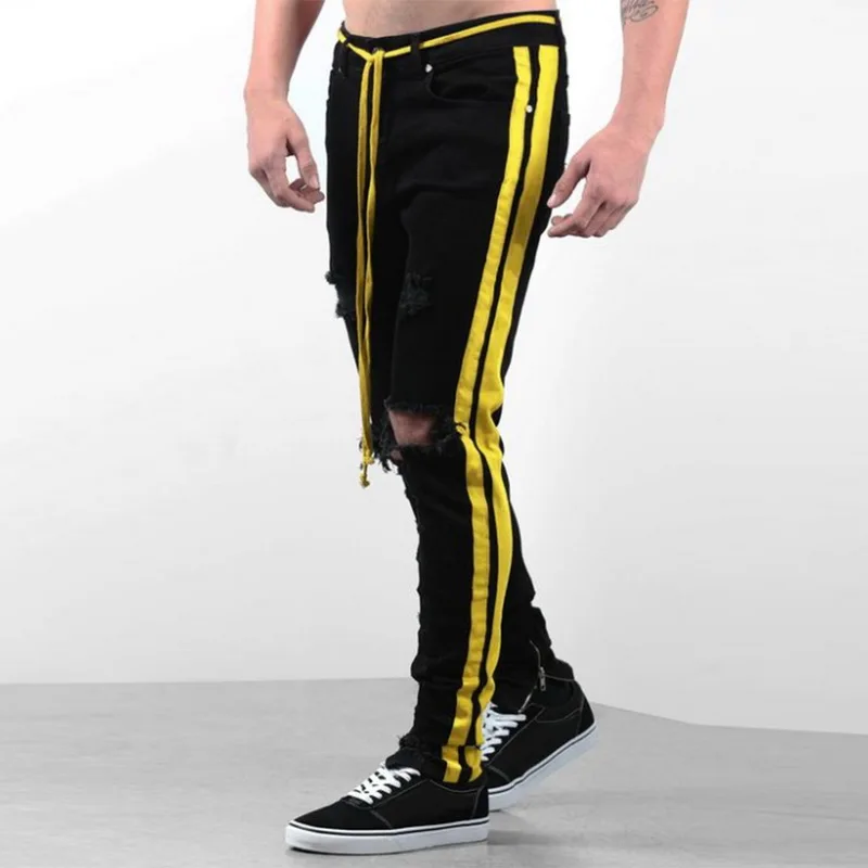 Мужские облегающие джинсы с дырками до колена в стиле хип хоп модные рваные