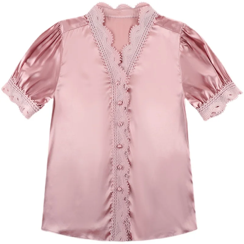 

Korean Fashion Silk Women Blouses Satin Office Lady Shirt and Blouse Lace Short Sleeve Blusas Plus Size Womens Tops and Blouses