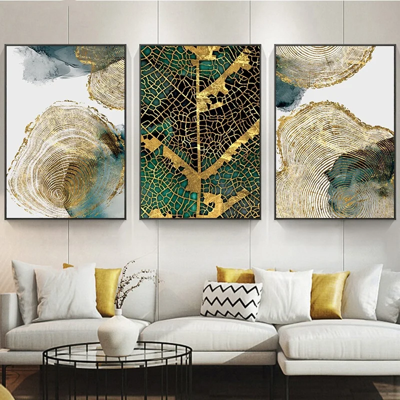 

Creative Emerald Golden Leaf Tree Trunk Texture Print Poster Abstract Canvas Painting Modern Art Wall Picture Living Room Decor