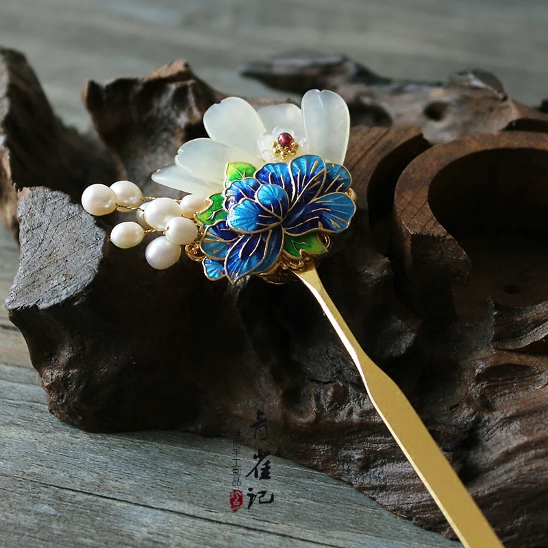 

Complex Classical Hairpin Bluing Cloisonne Pearl Xiuyan Jade Flat Hairpin Pole Chinese Clothing Headdress