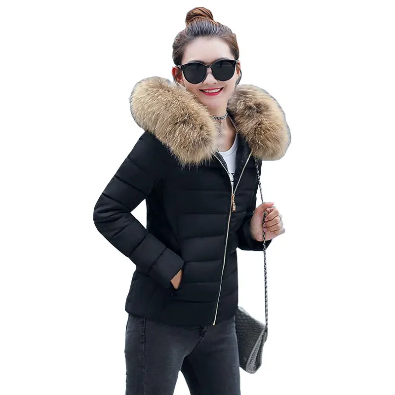 Короткий зимний пуховик с капюшоном и меховым воротником теплая Женская куртка