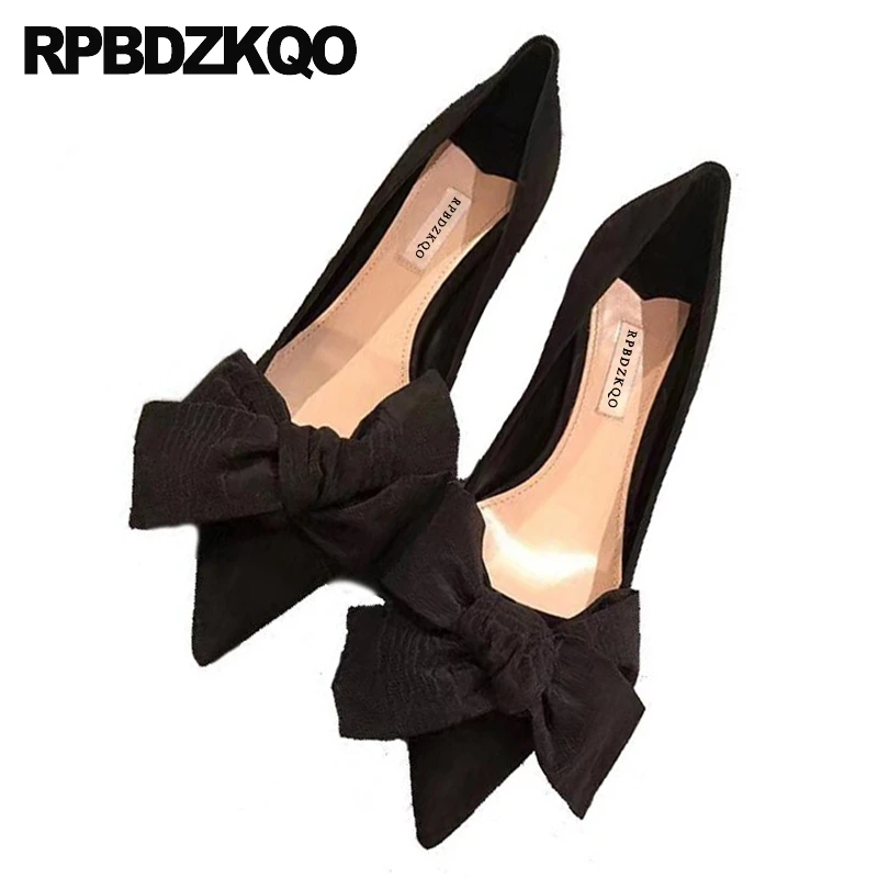 

Kawaii Scarpin Stiletto Pointed Toe Thin Black Size 4 34 Medium Heels Sweet 2019 Suede Pumps Bow Ladies Kitten Shoes Modern