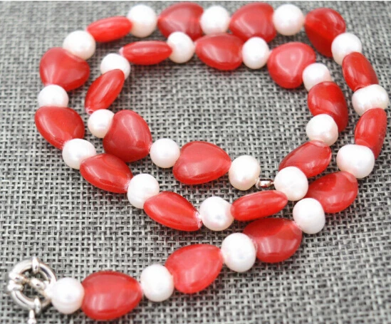 917+++New 7-8mm Natural White akoya Pearl + Red Ruby 12mm Love Necklace 18 | Украшения и аксессуары