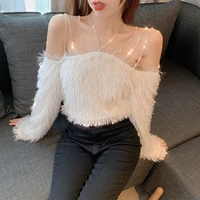 2021 new spring sexy off shoulder pink furry womens sweater autumn rhinestone chain vintage sweaters korean style plush jumpers
