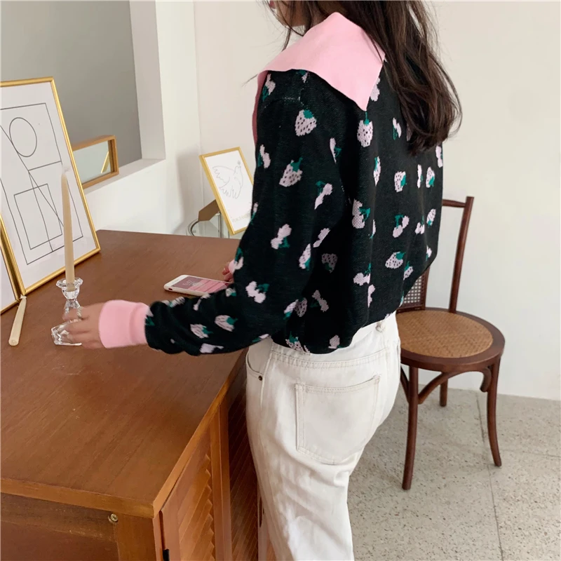 Женский милый свитер с принтом клубника и кардиганы вязаный лоскутный топ