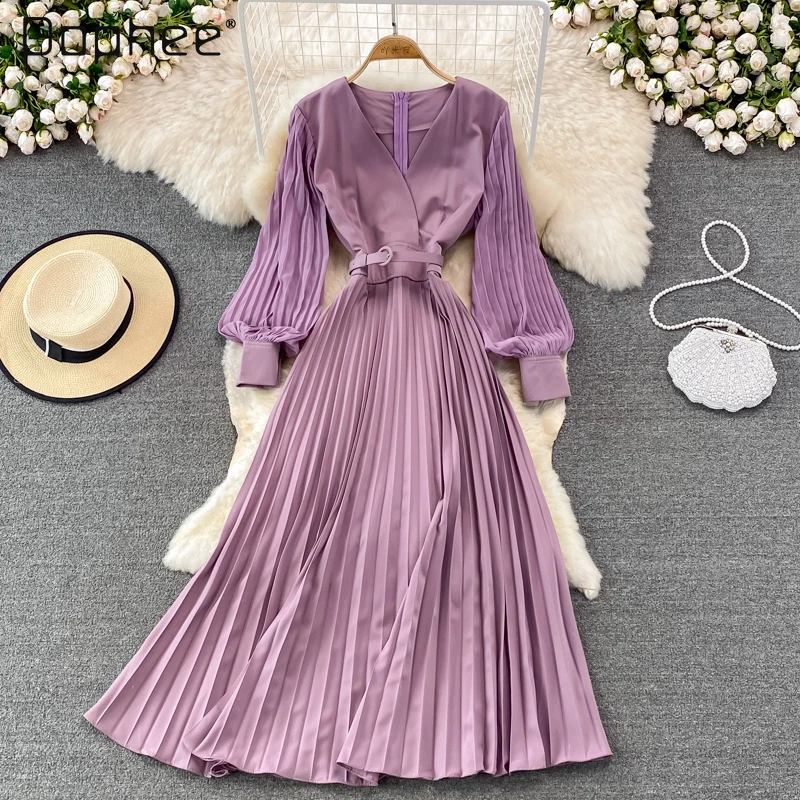 

Женское Плиссированное Платье с V-образным вырезом, длинным рукавом-фонариком