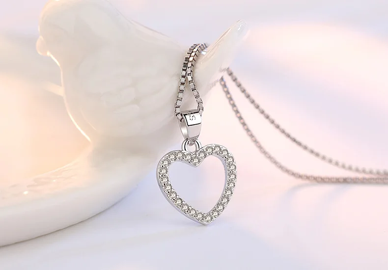 Heart 5 Modle 925 Sterling Silver Crystal Zircon Star Heart Circle Square Pendant Necklace For Women Match 45cm Chain choker kolye - Gem Color: Heart