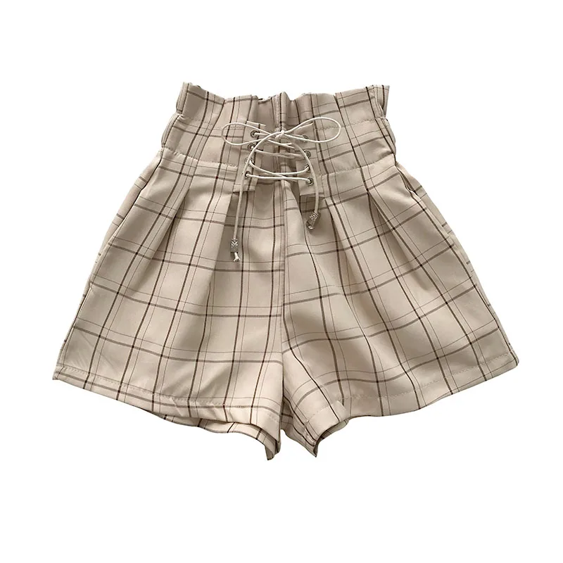 

HELIAR Women Flower Bud Plaid Shorts With Drastring Women High Waist Shorts With Belt Shorts Sping Boots Shorts For Women