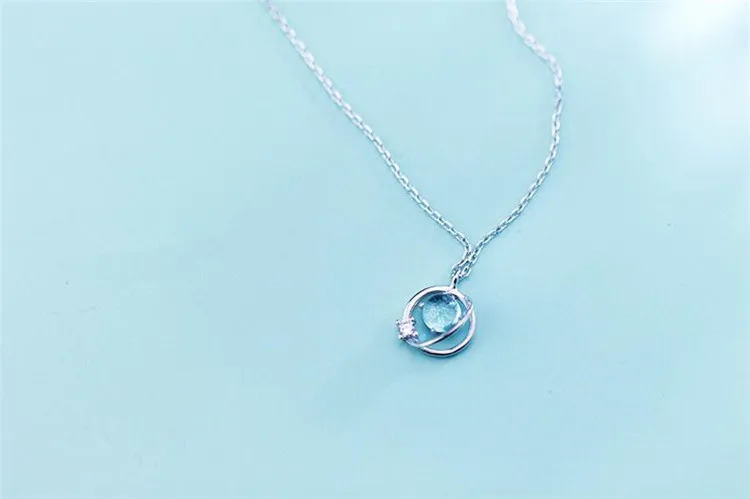 

925 Sterling Silver Blue Aurora Planet Necklace For Women Girls Fashion Sweet Simple Jewelry DZ815